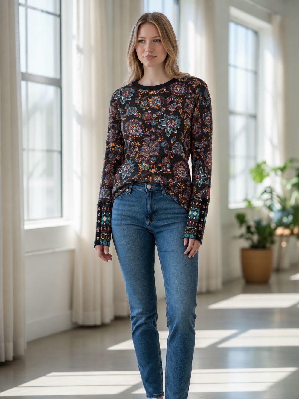 Sundance Top Womens Size S Black Paisley Floral Waffle Knit Long Sleeve